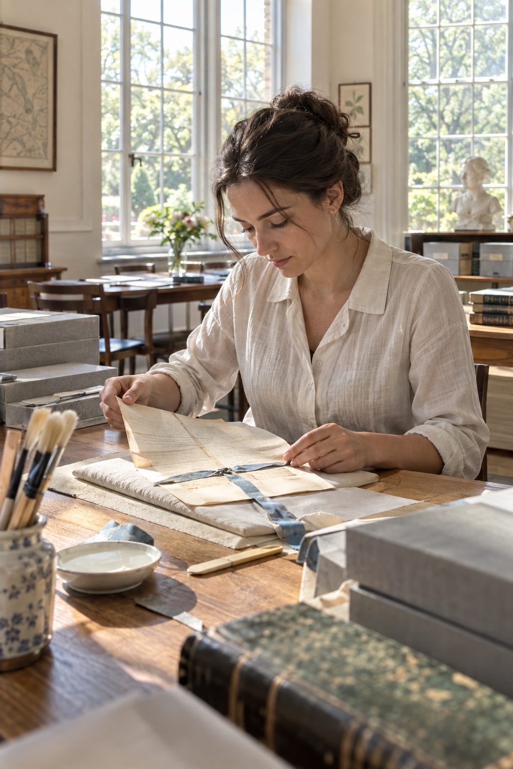 A paper conservator examines old letters tied with a blue ribbon in a bright sunlit archive