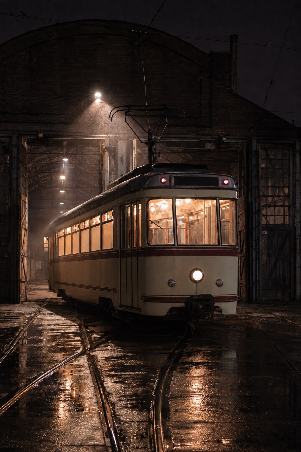 A vintage cream-and-red tram emerging from a dark rain-soaked depot at night