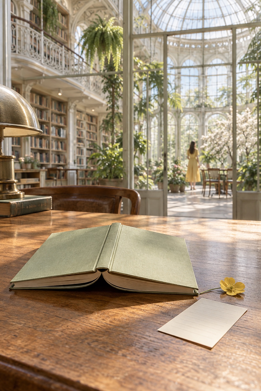 A pale green book and a yellow flower on a sunlit table beneath the glass dome of a bright library