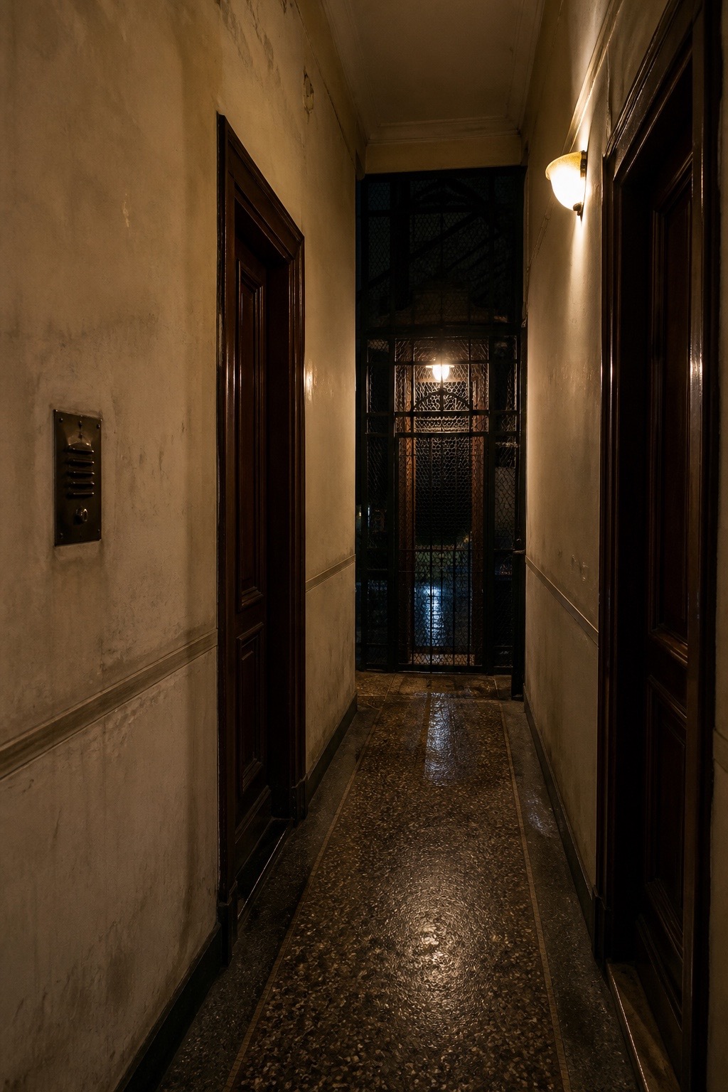 A dim corridor in an aging apartment building leading to an old cage lift at night