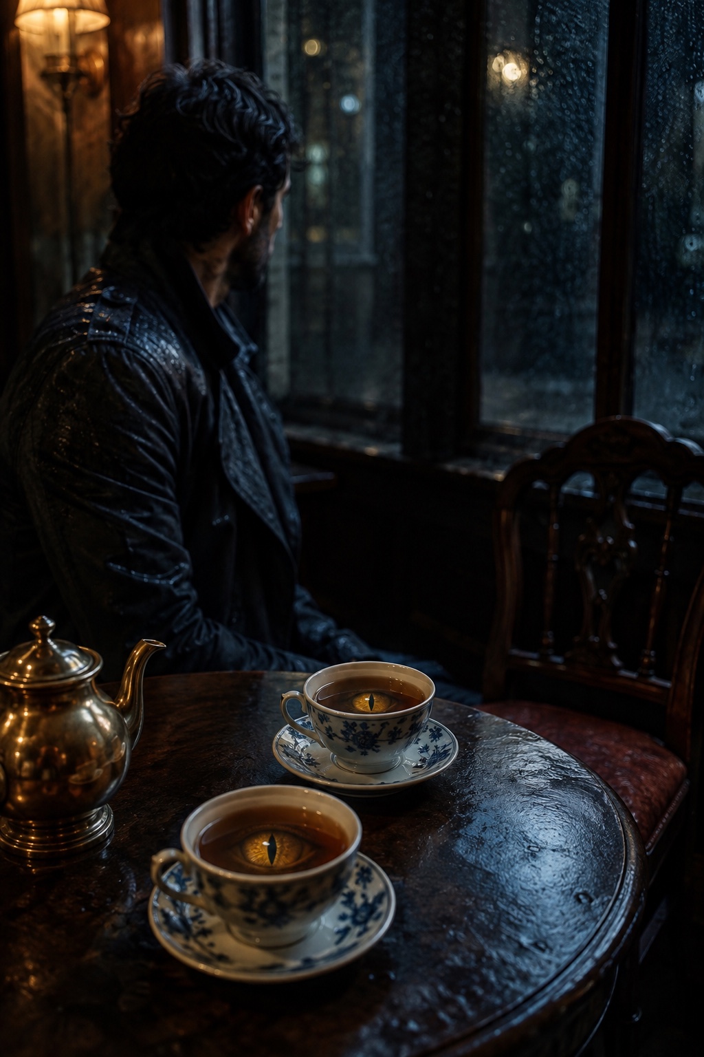 A dark-haired man beside a rain-streaked tea-room window, with golden dragon eyes reflected in two porcelain cups