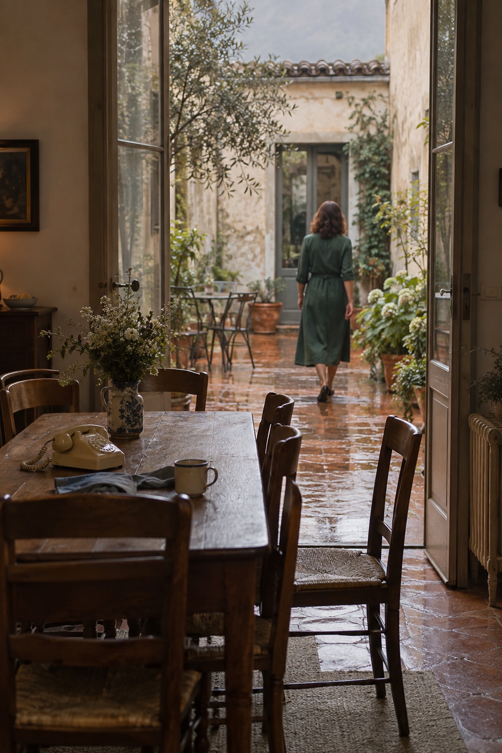 A woman in a green dress walks through a rain-wet courtyard beyond a family dining table with an old ivory telephone